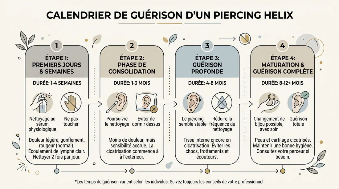 Infographie des étapes de cicatrisation d'un piercing hélix