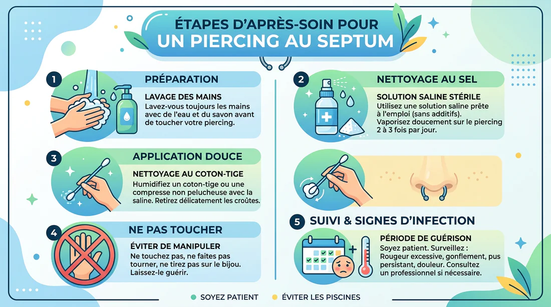 Infographie sur les soins et le nettoyage d'un piercing au septum
