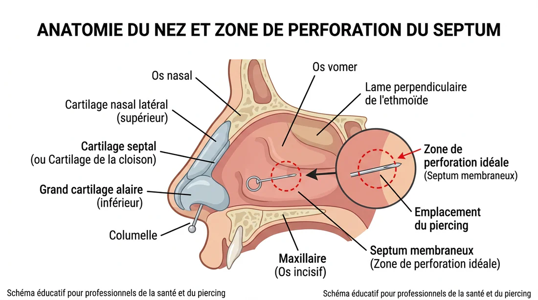Schéma anatomique montrant l'emplacement du sweet spot pour un piercing au septum
