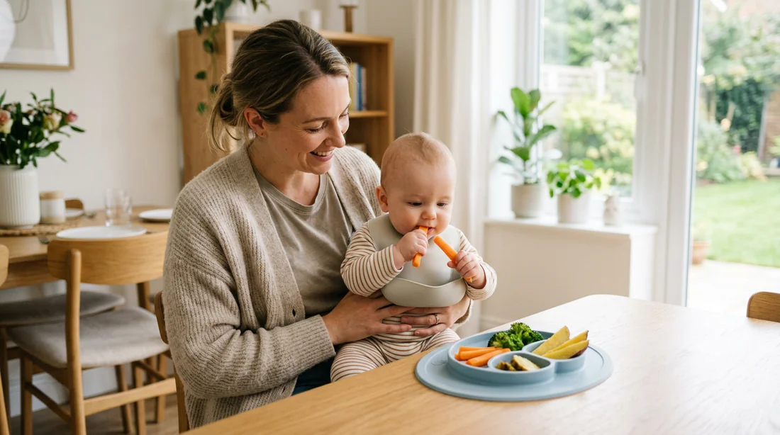 Bébé qui découvre des morceaux de légumes, diversification menée par l'enfant