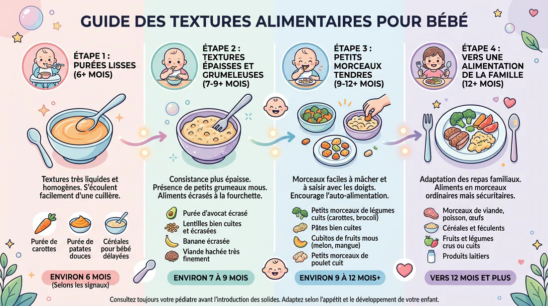 Infographie des textures recommandées pour la diversification alimentaire