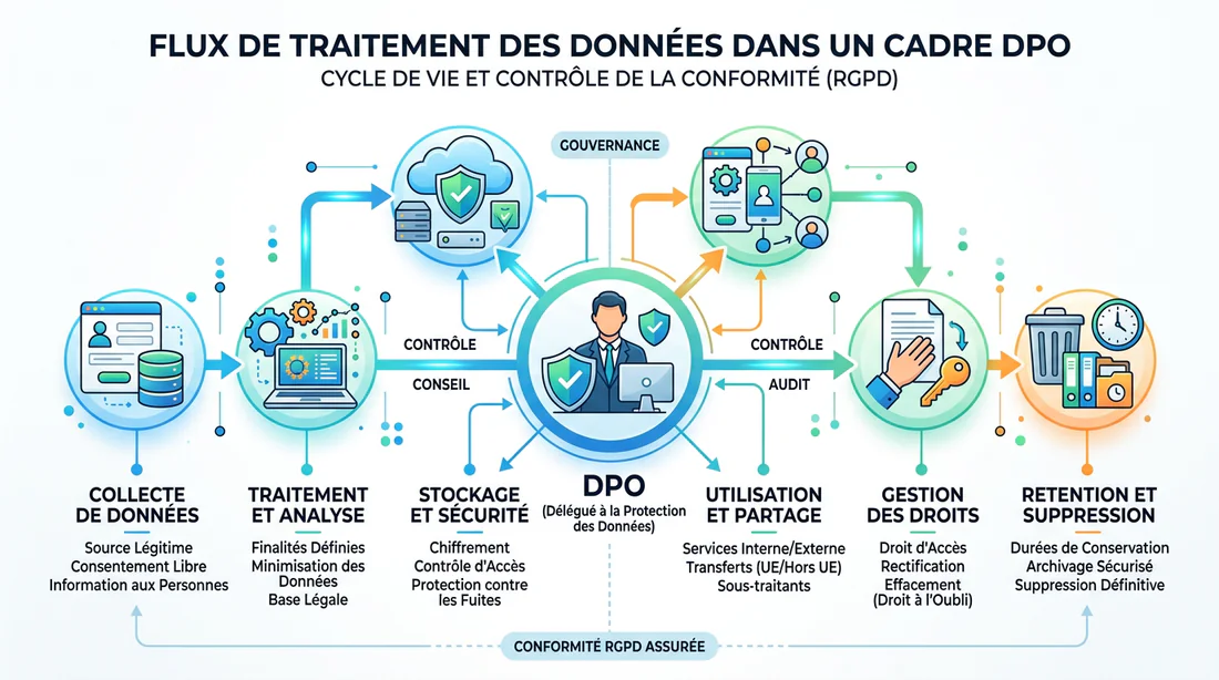 Infographie illustrant le flux de traitement des données dans le cadre DPO7