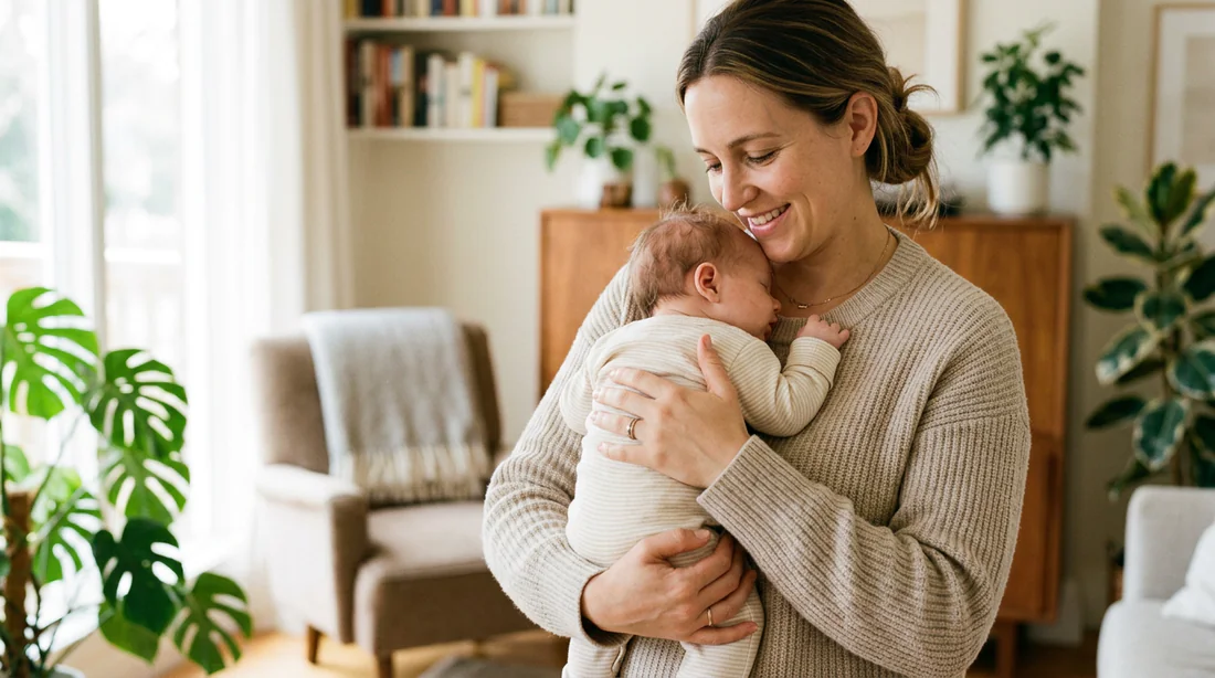 Parent portant son bébé en position verticale contre la poitrine