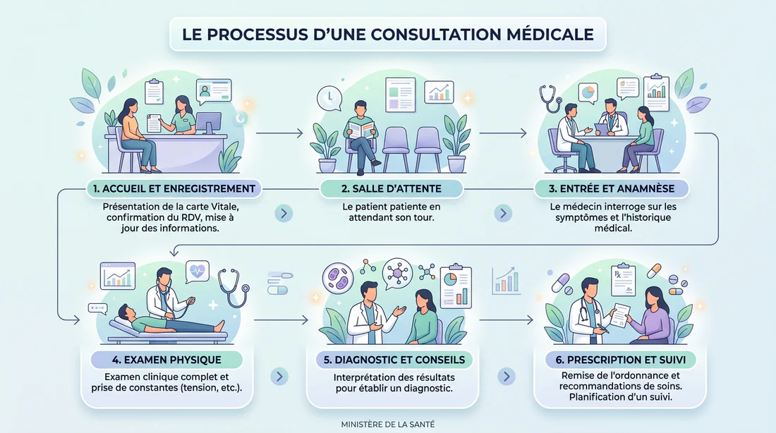 Infographie des étapes d'une consultation médicale