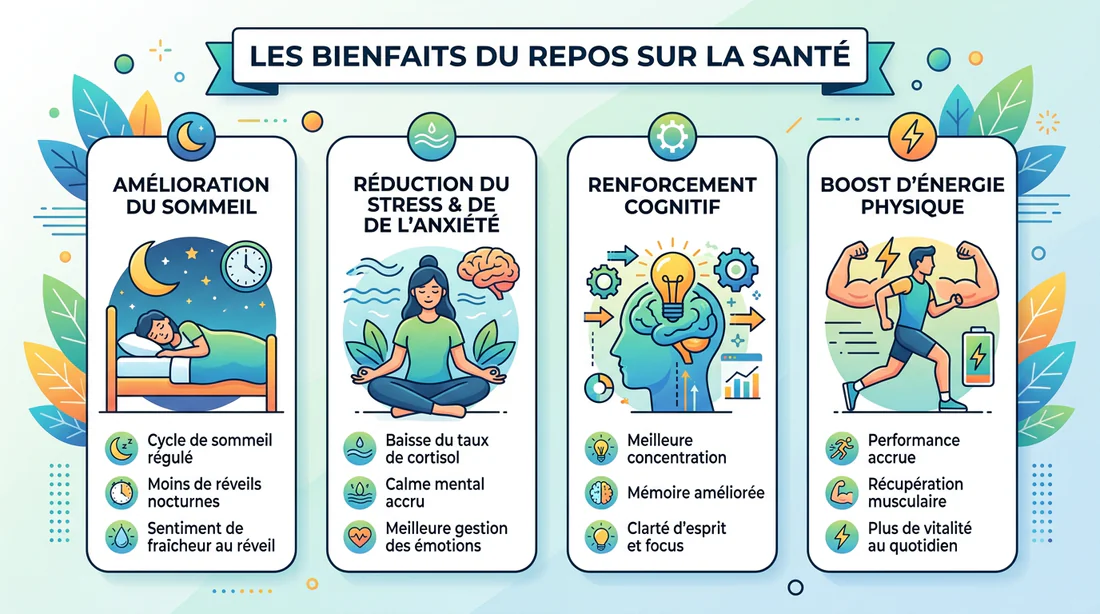 Infographie illustrant les bienfaits du repos sur la santé