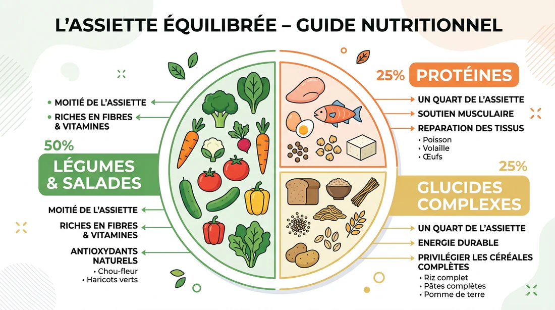 Infographie illustrant la composition idéale d'une assiette équilibrée.