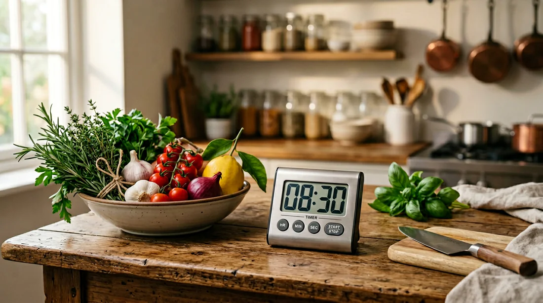 Minuteur de cuisine avec des ingrédients frais pour illustrer le temps de préparation.