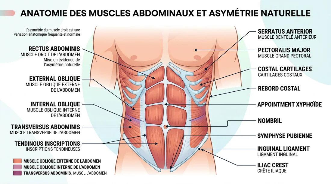 Schéma anatomique des abdominaux montrant l'asymétrie naturelle du six-pack