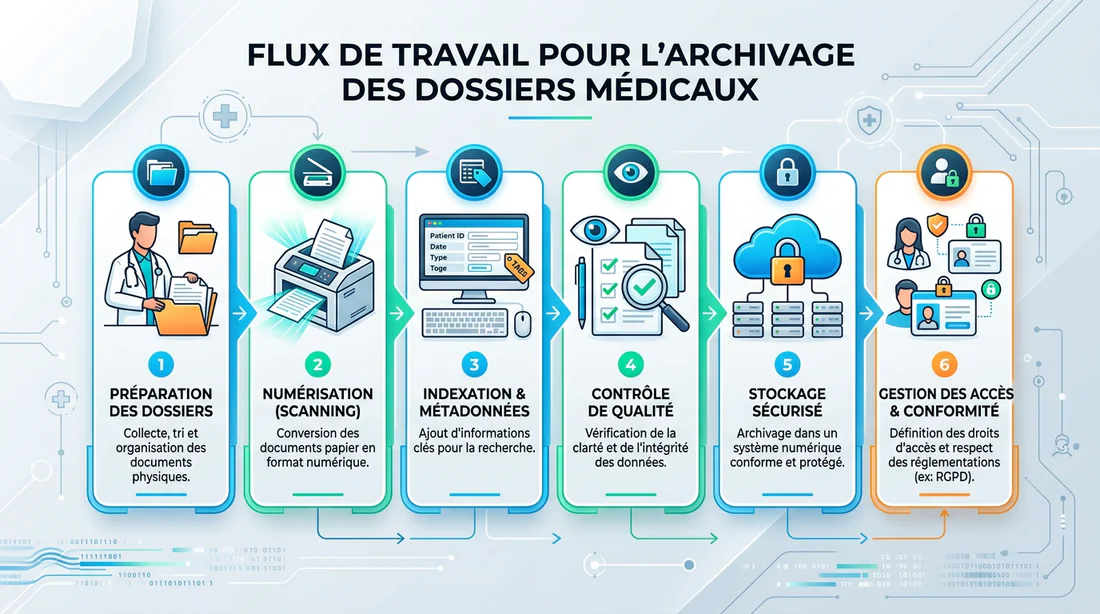 Schéma illustrant les étapes d'archivage des dossiers médicaux