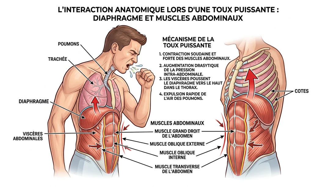 Schéma anatomique expliquant la douleur abdominale liée à la toux