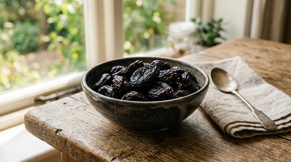 Bol de pruneaux sur une table en bois
