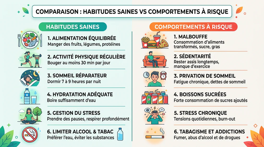 Infographie comparant les habitudes de santé saines et risquées