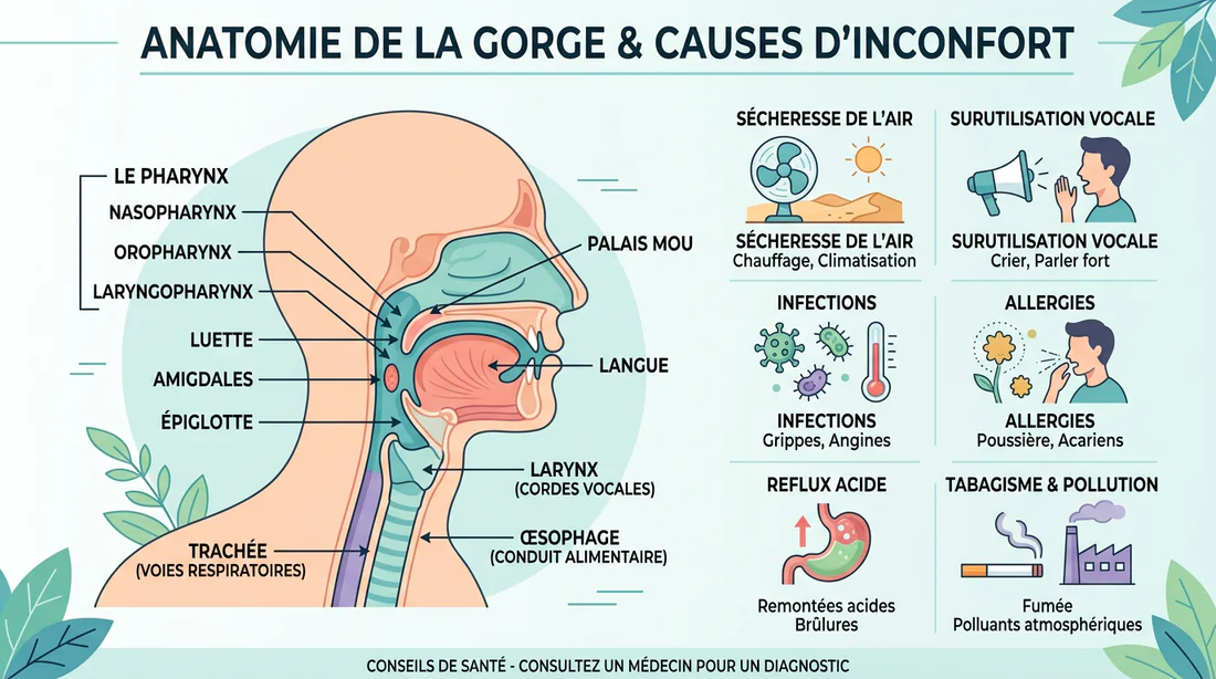 Infographie des causes de la gêne à la gorge