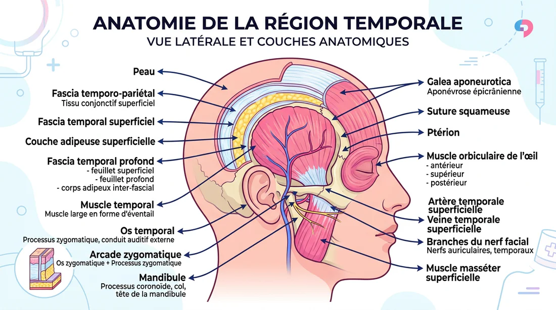 Infographie détaillée de l'anatomie de la zone temporale.