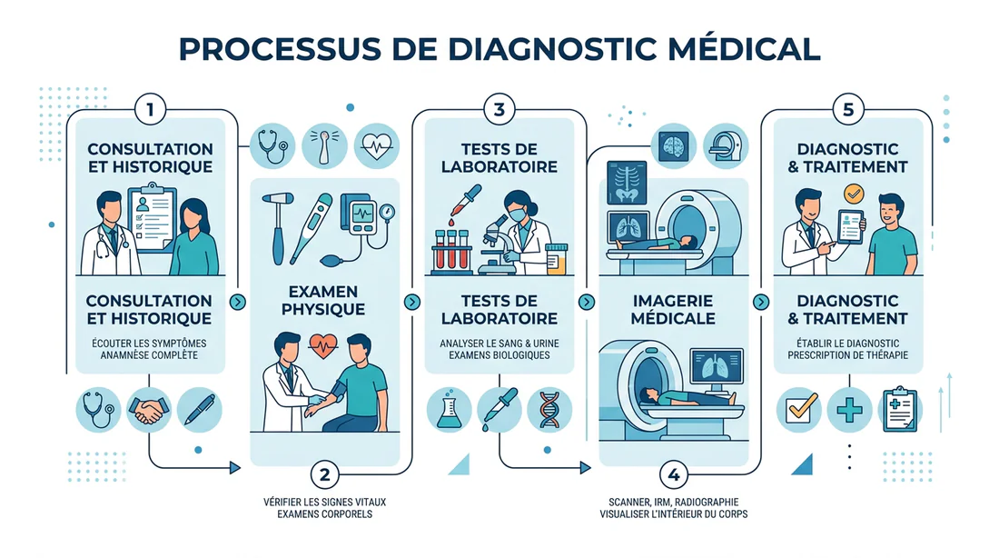 Schéma explicatif des étapes de diagnostic médical