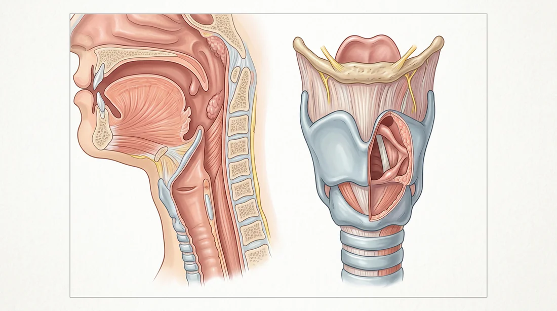 Illustration anatomique de la gorge humaine et du larynx.