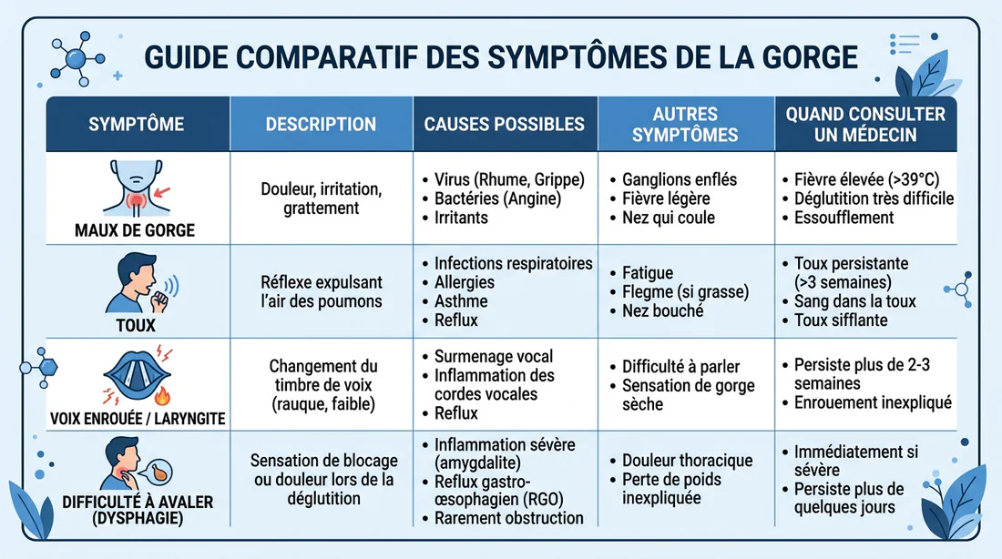 Tableau comparatif des symptômes de la gorge.