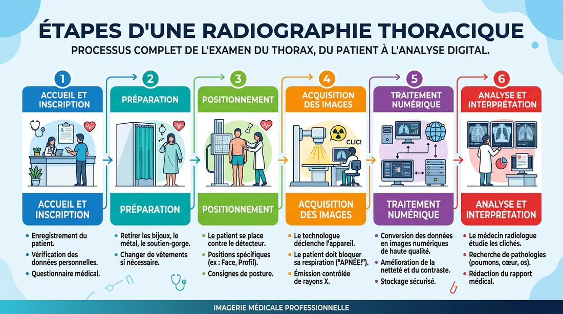 Infographie du processus de réalisation d'une radiographie du thorax