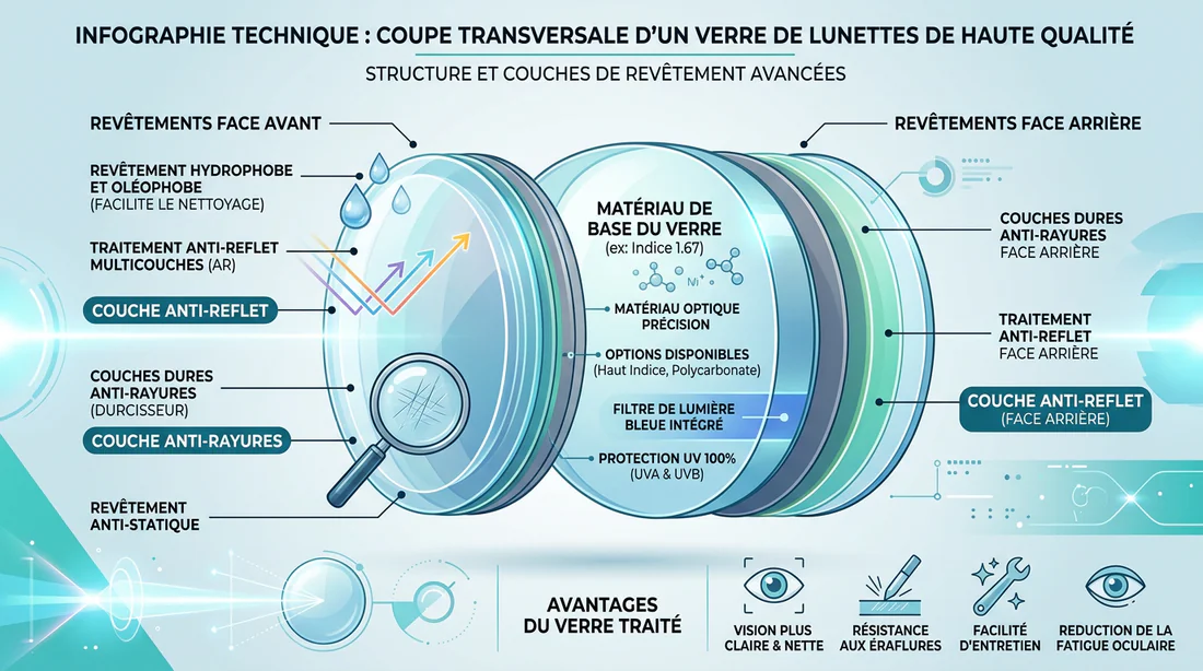 Schéma technique des couches de traitement d'un verre optique