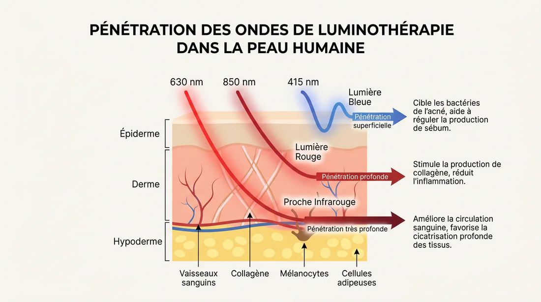 Infographie expliquant le fonctionnement de la luminothérapie LED