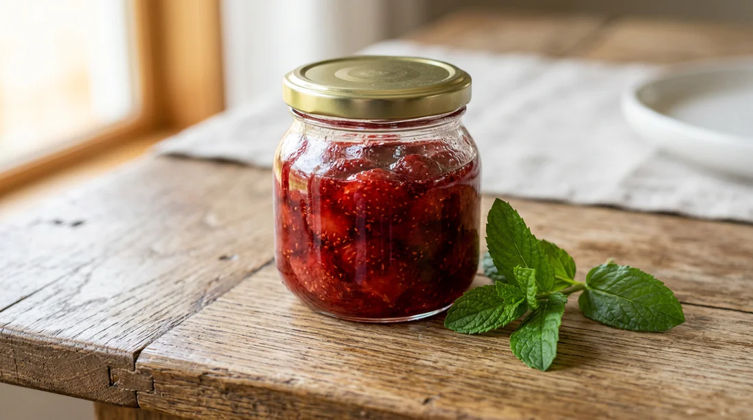 Pot de confiture de fraises maison sur une table en bois