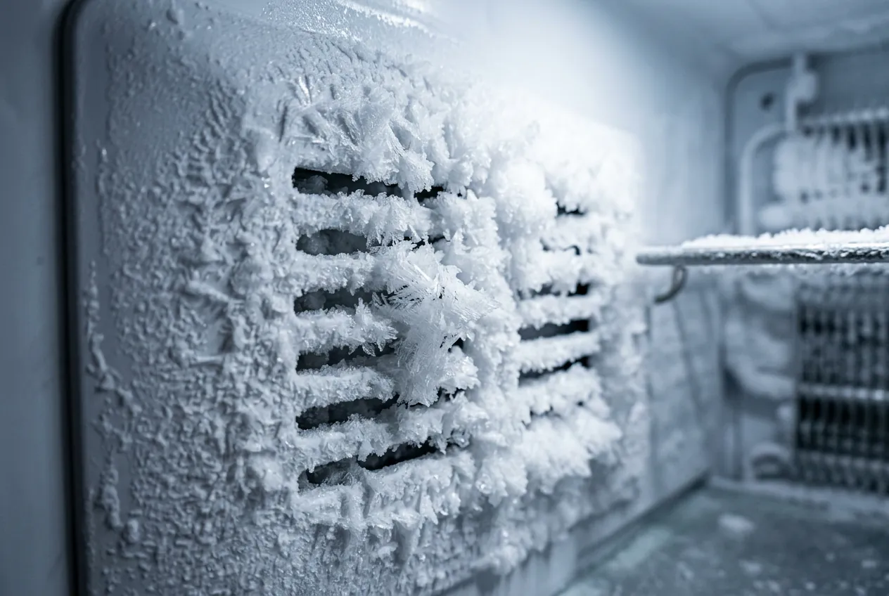 Accumulation excessive de givre et de glace sur la paroi intérieure d'un réfrigérateur bloquant le froid.