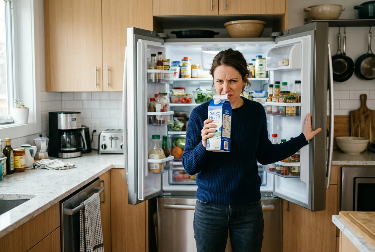 Une personne vérifiant l'odeur du lait pour détecter s'il a tourné à cause de la chaleur du frigo.