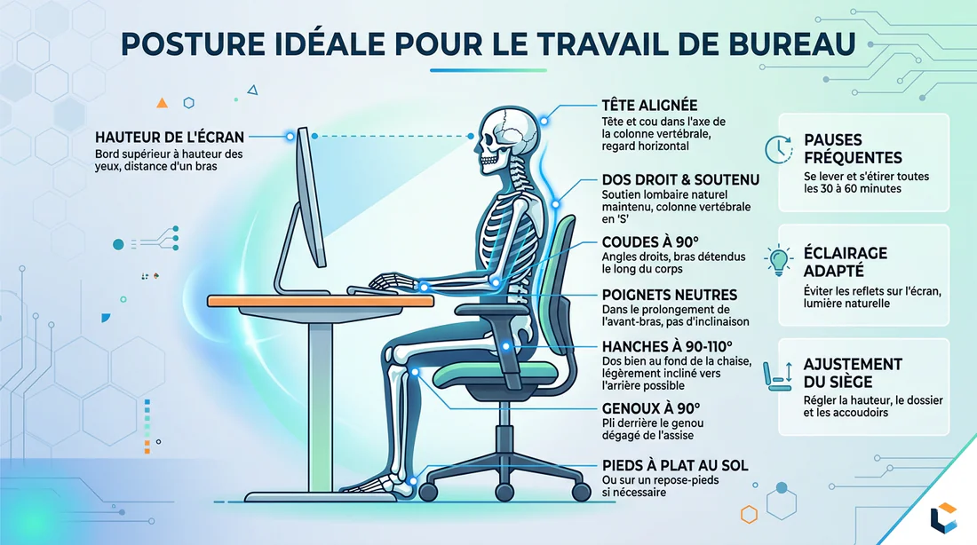 Schéma illustrant la posture ergonomique idéale au bureau