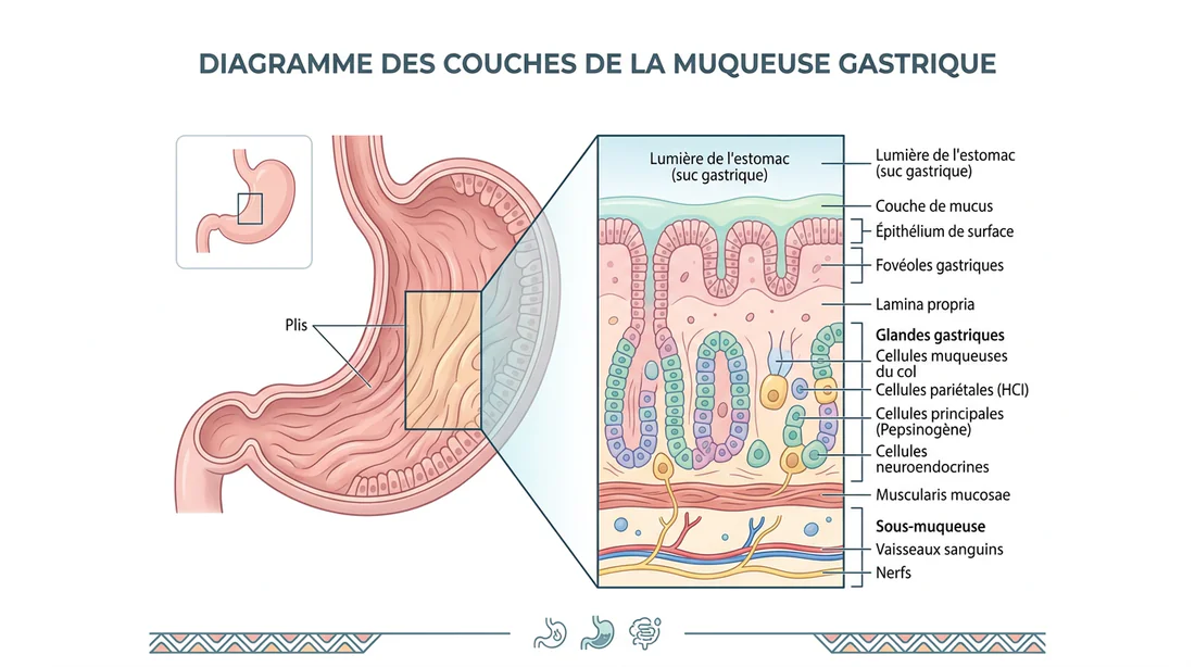 Schéma explicatif des couches de la muqueuse gastrique