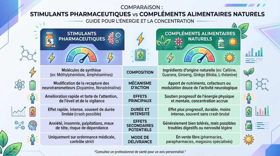 Schéma comparatif : médicaments stimulants vs suppléments naturels