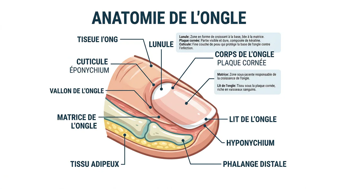 Schéma anatomique de l'ongle humain avec légende