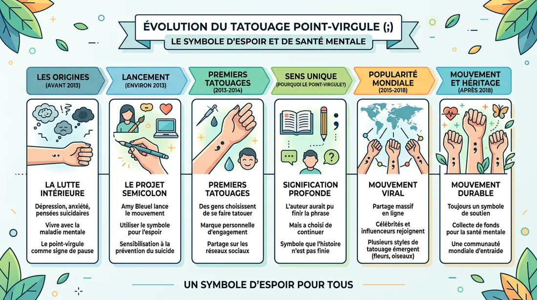 Infographie sur l'histoire et l'évolution du tatouage point virgule.
