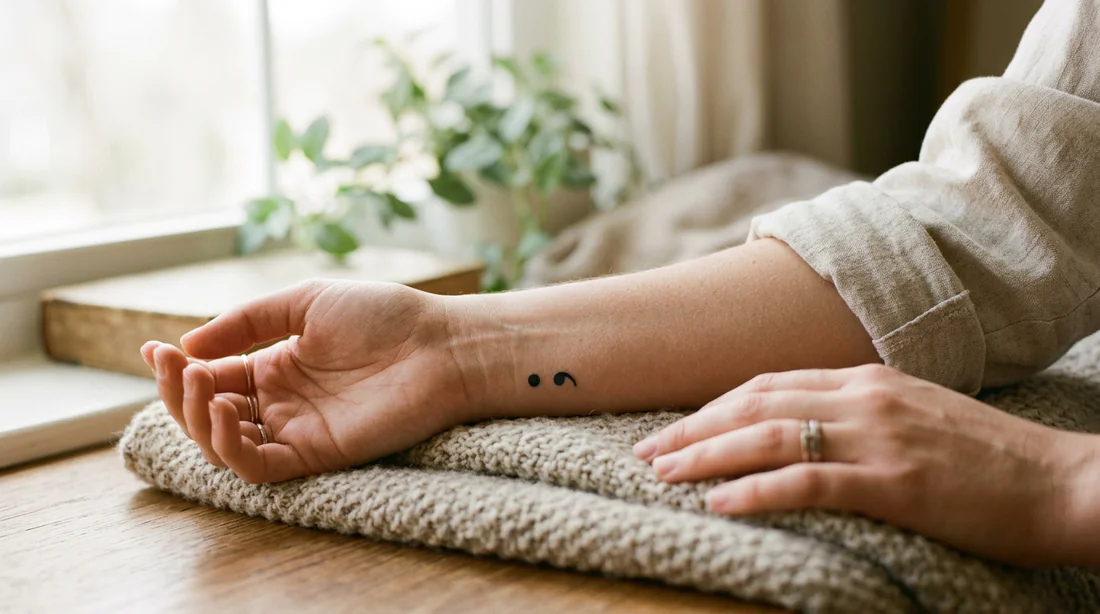 Détails d'un tatouage point virgule sur l'avant-bras.