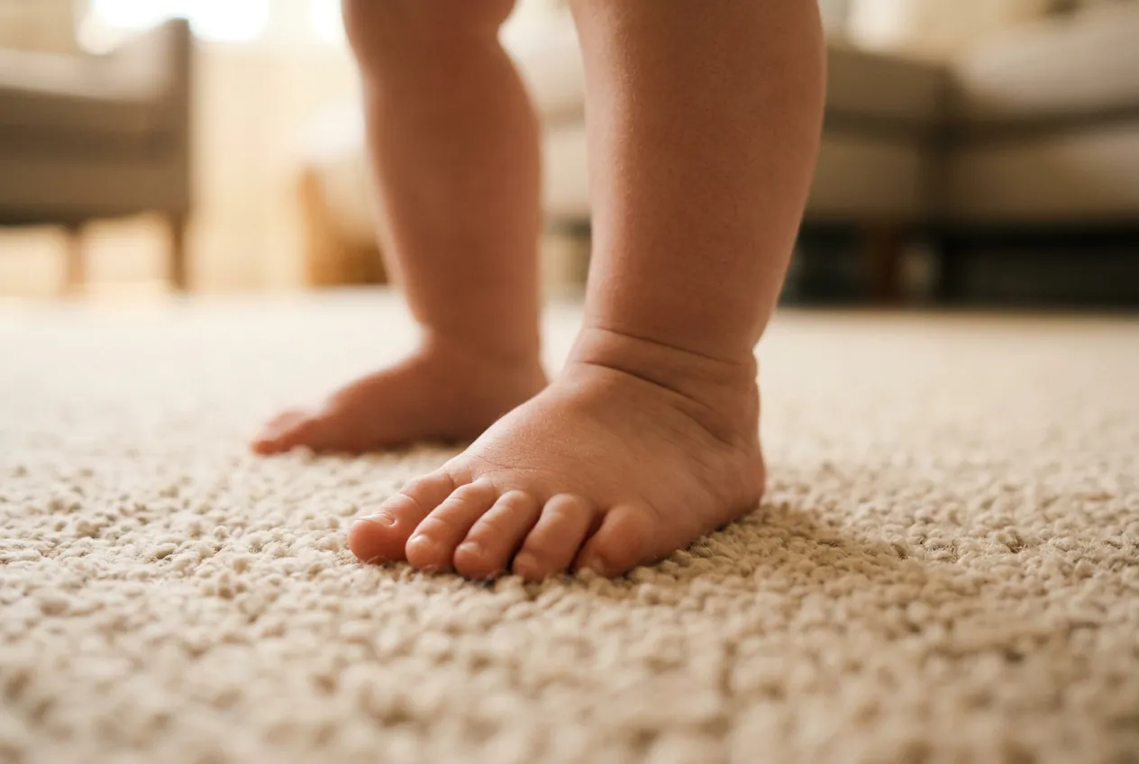 Gros plan sur les pieds nus d'un bébé se tenant debout sur un tapis moelleux