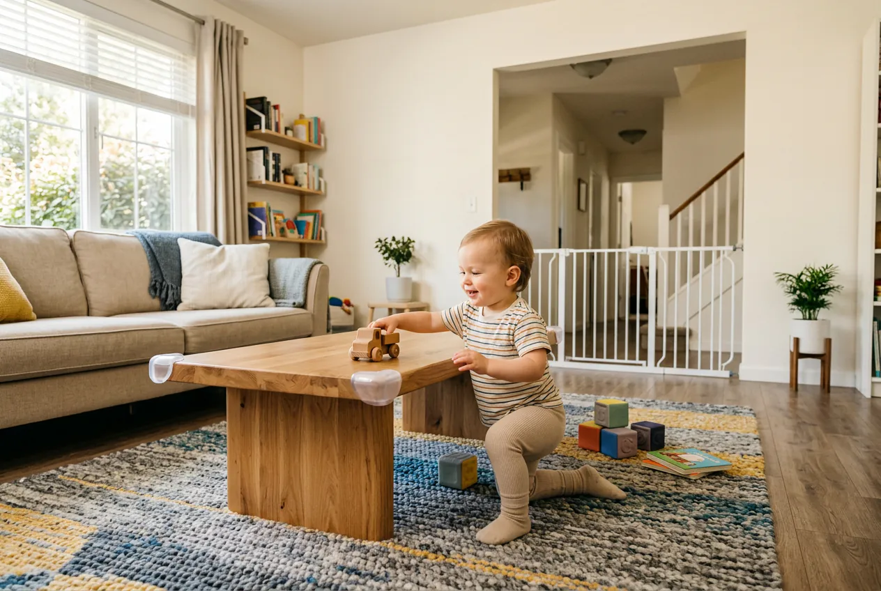 Salon sécurisé avec protège-coins pour un bébé qui commence à se déplacer partout