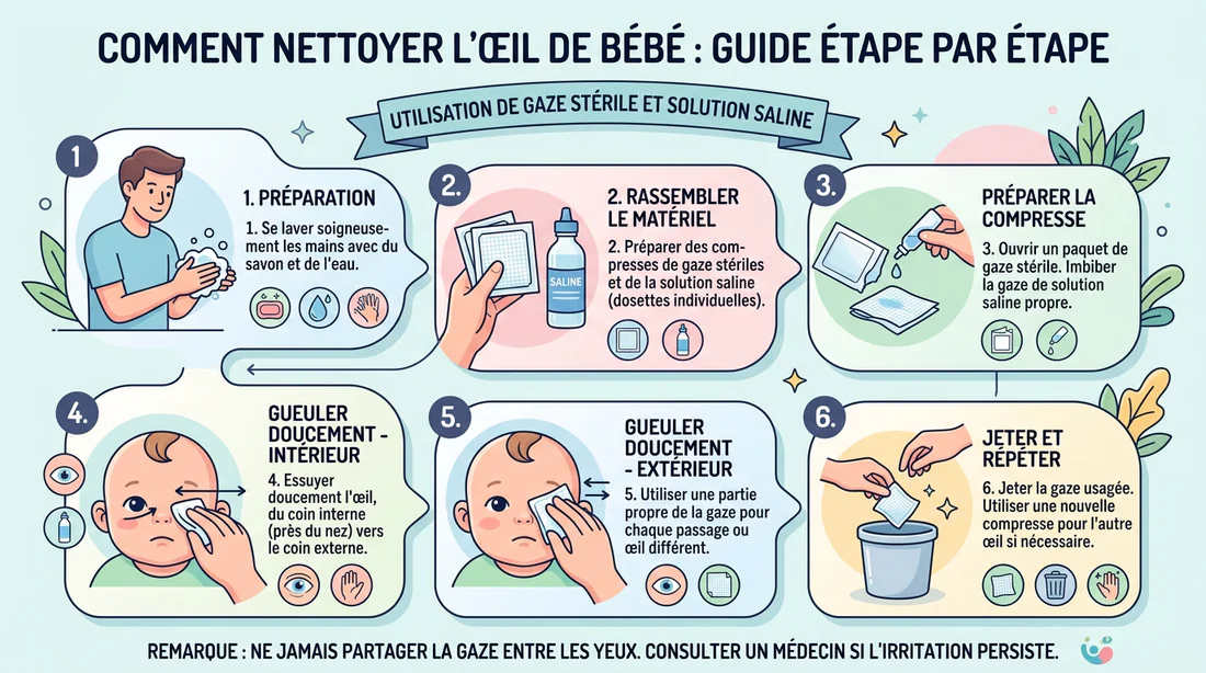 Infographie illustrant les étapes de nettoyage de l'œil de bébé