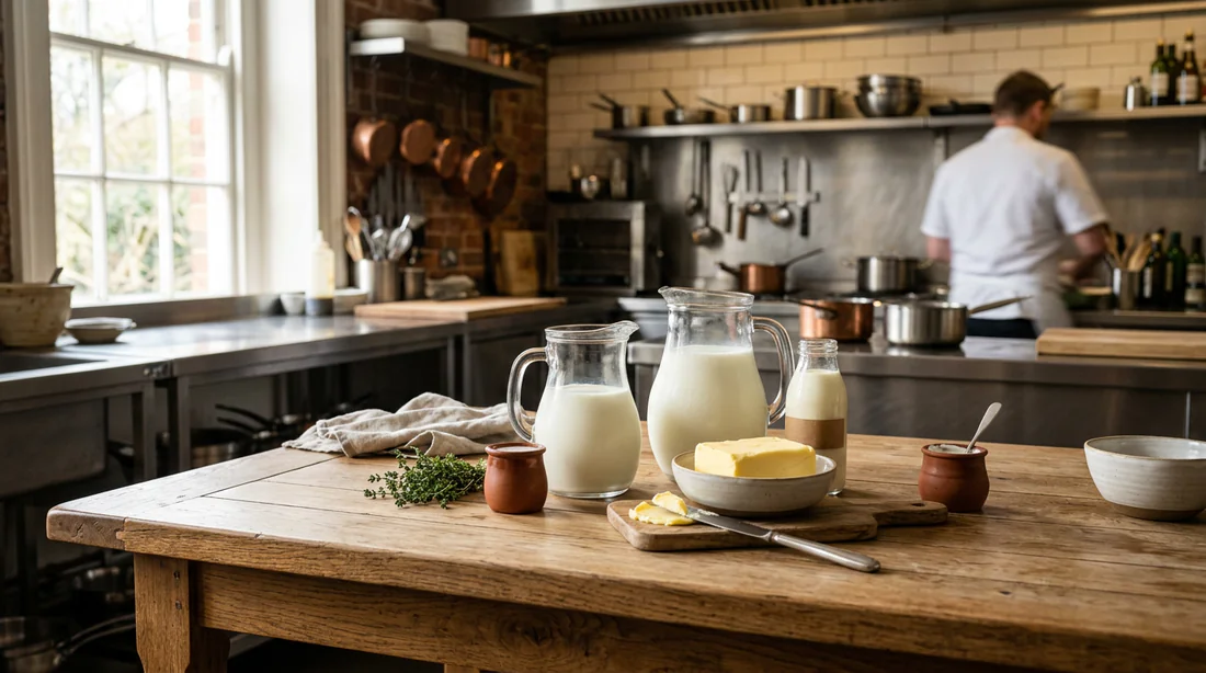 Produits laitiers riches en graisses naturelles sur une table en bois