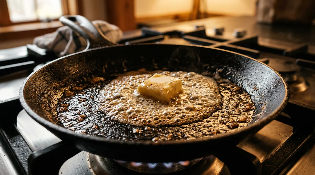 Cuisson du beurre dans une poêle en fonte