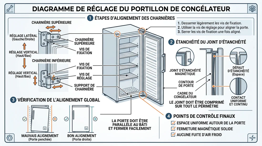 Schéma de réglage des charnières de congélateur