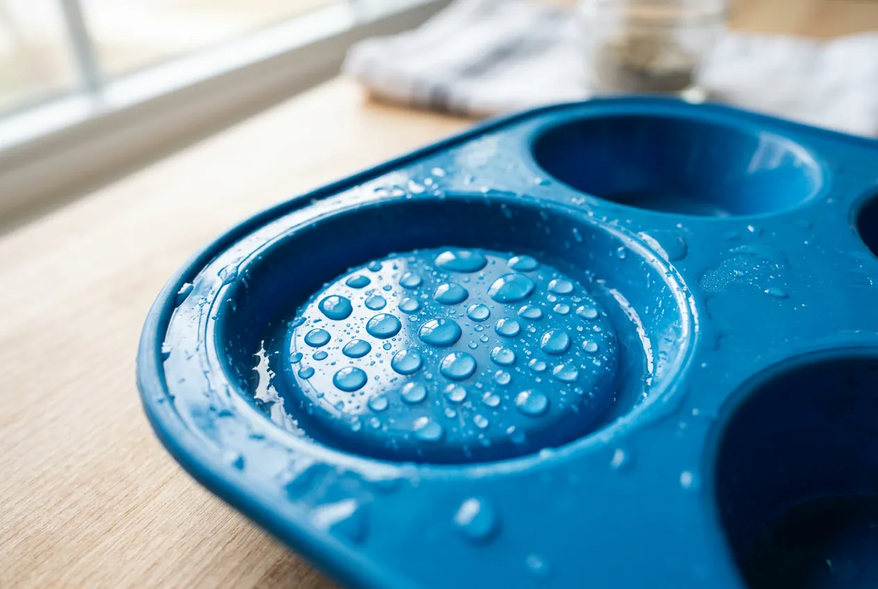 Gouttes d'eau à l'intérieur d'un moule en silicone pour illustrer l'astuce de préparation avant cuisson.