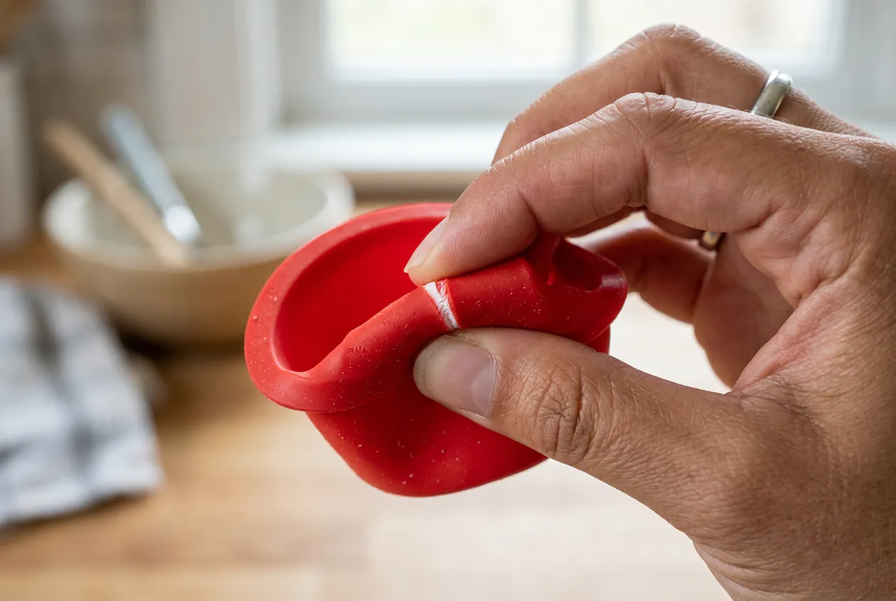 Démonstration du test du pincement montrant des marques blanches sur un moule en silicone de basse qualité.