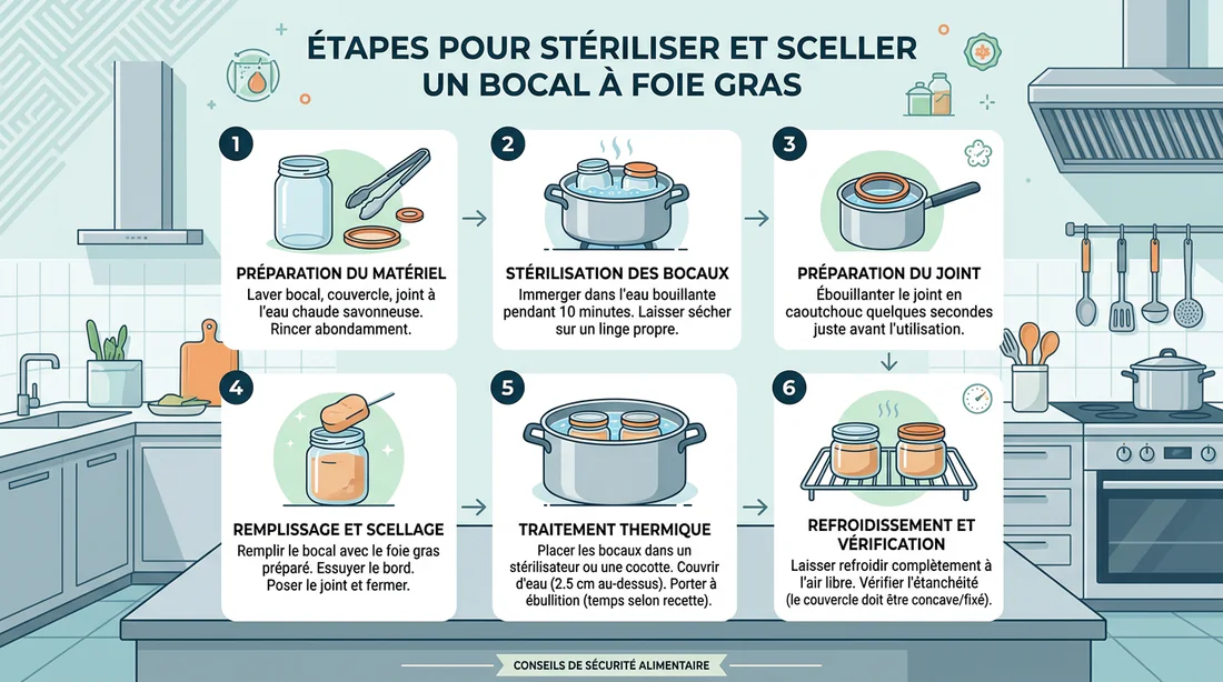 Infographie des étapes de stérilisation et scellage des bocaux