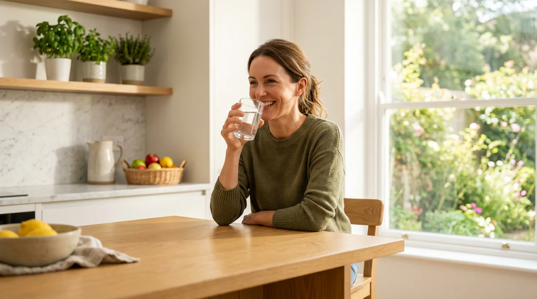 Personne souriante en bonne santé s'hydratant avec de l'eau après sa guérison dentaire.