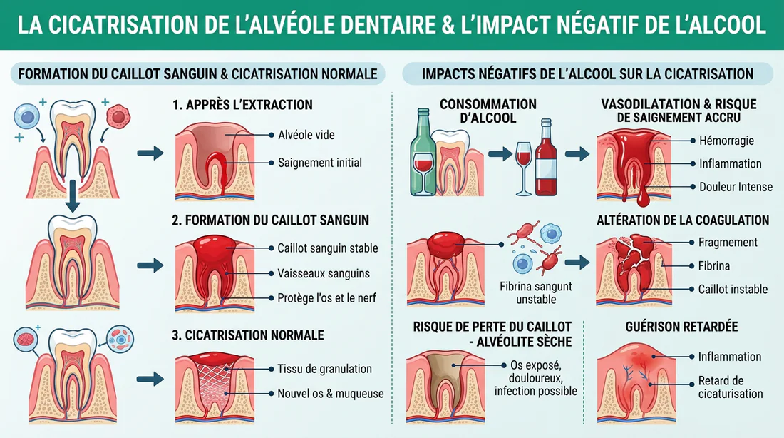 Schéma explicatif des risques de la consommation d'alcool sur le caillot de cicatrisation dentaire.