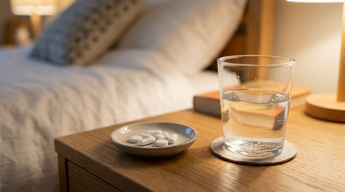 Verre d'eau et antalgiques posés sur une table de chevet après une chirurgie dentaire.