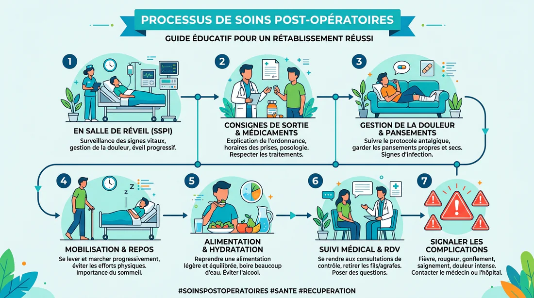 Infographie des soins post-opératoires après une chirurgie de la main