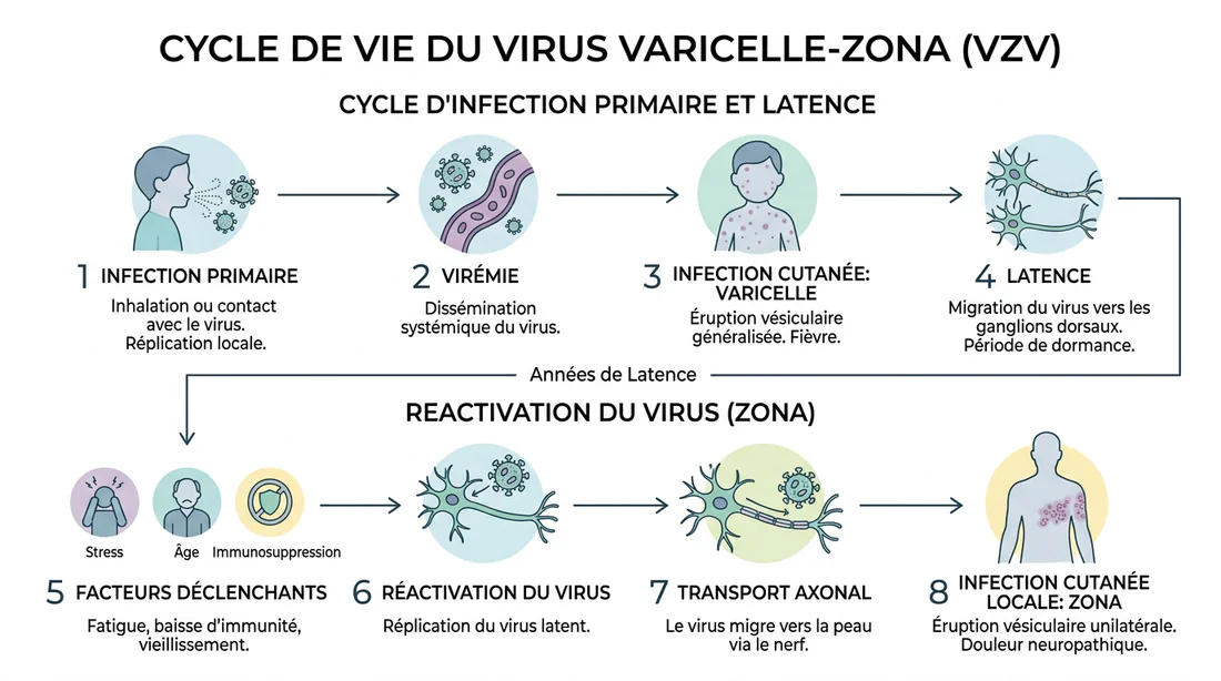 Infographie du cycle de vie du virus de la varicelle
