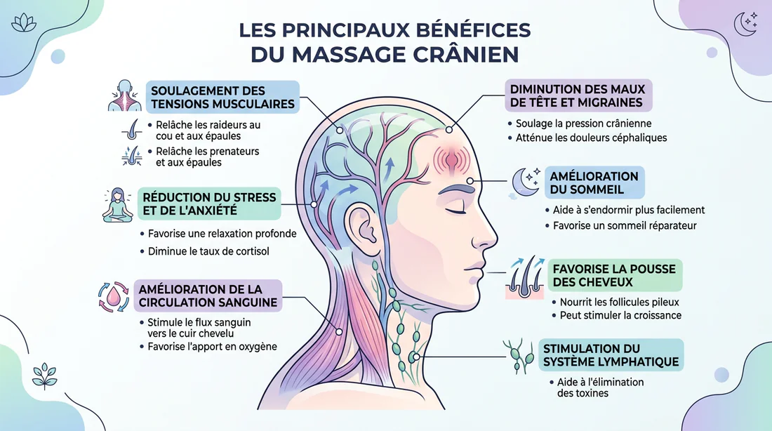 Infographie illustrant les bienfaits du massage crânien sur le corps