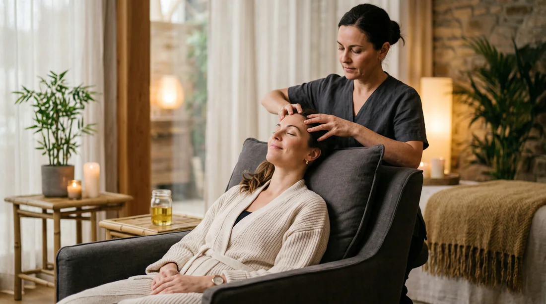 Personne détendue recevant un massage du cuir chevelu en institut