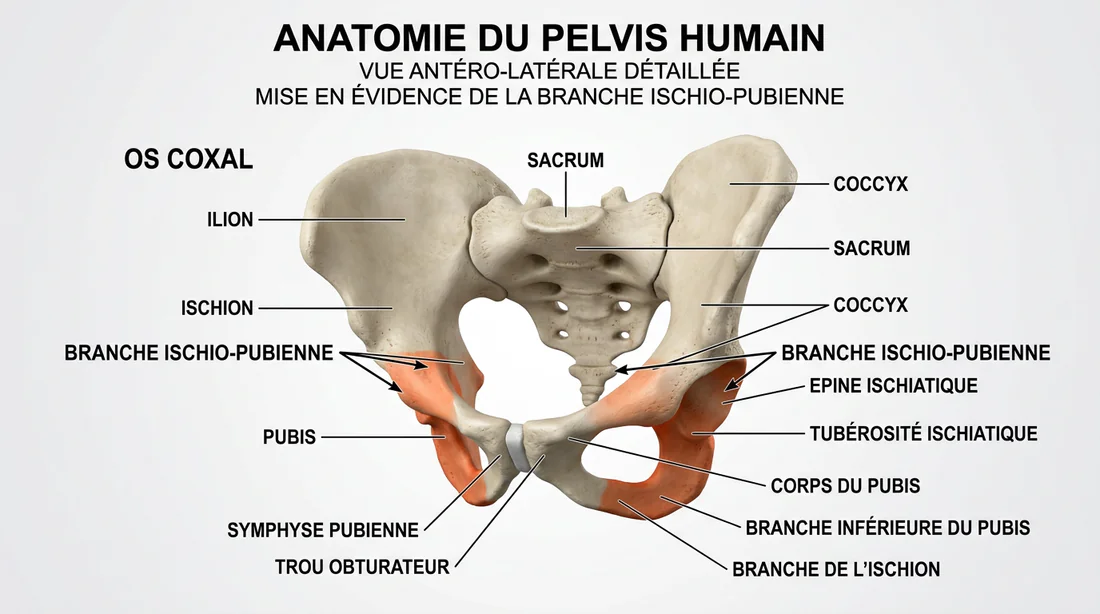 Schéma anatomique détaillé de la branche ischio-pubienne et des os du bassin